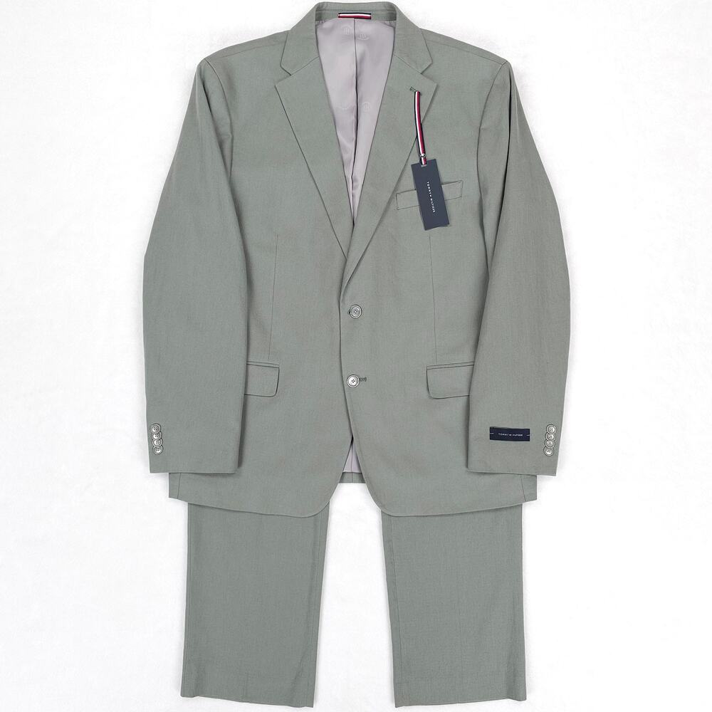 Tommy Hilfiger Mens Modern Fit 2 Piece Suit 48R 42x32 Sage Cotton Linen *Defect*